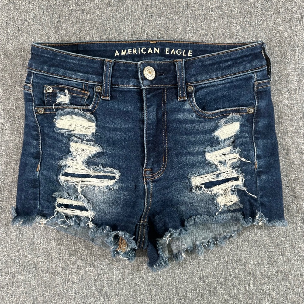 American Eagle Hi-Rise Shortie Distressed Denim Shorts Dark Wash Womens Size 2